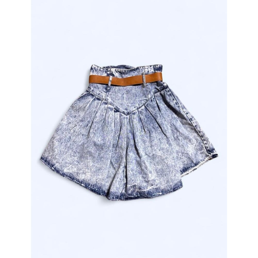 Vintage 80s Chaos High Waisted Acid Wash Denim Skirt Caramel Leather Belt - Picture 4 of 6